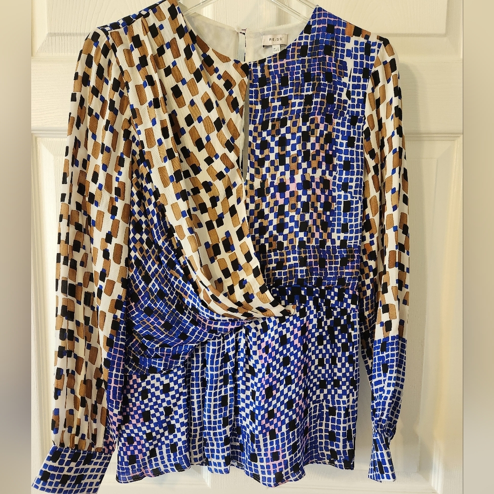 Reiss Multicolor Geometric Print Long-Sleeve Blouse (Blue, Brown, Black, White)